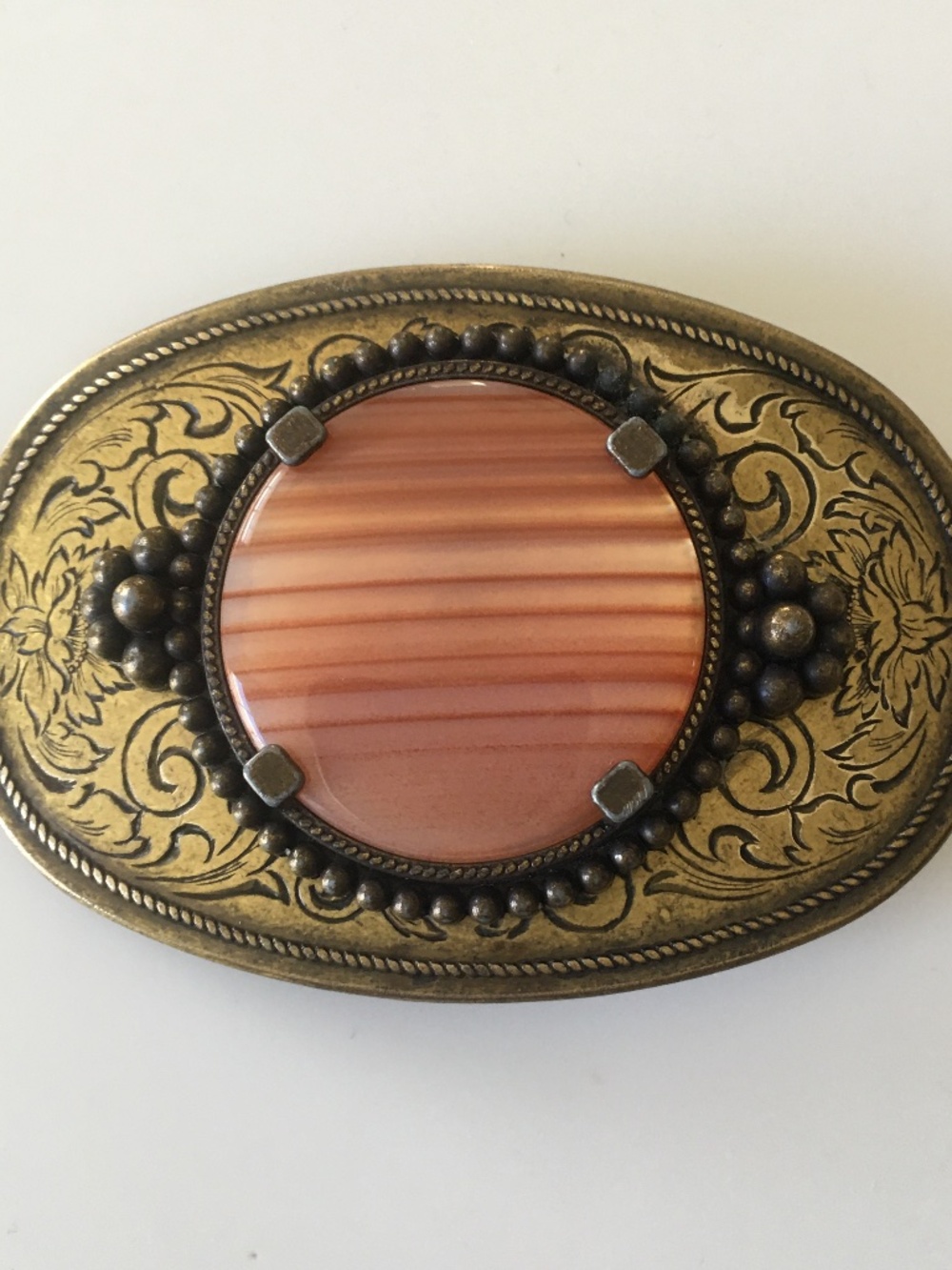 Vintage Oval Western Style Belt Buckle Brass Tone w/Stone Inlay
